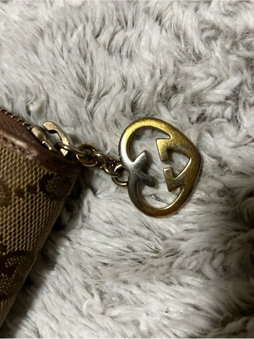 Gucci Continental Brown Monogram Zip Wallet with Metalic gold trimming